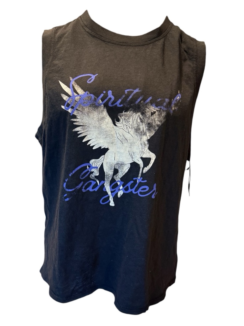 ✨NWT Spiritual Gangster Black Muscle Tee with Silver Pegasus and Blue Script